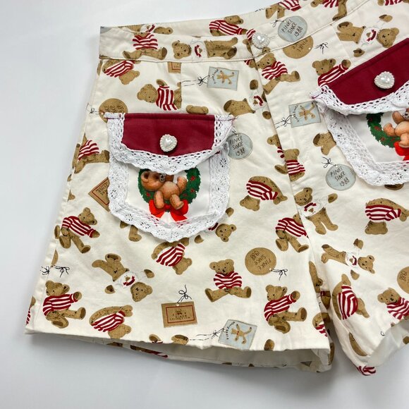 Teddy Bear Print Shorts Christmas Lace Twee High Waisted Women Lace Cream - Picture 3 of 10
